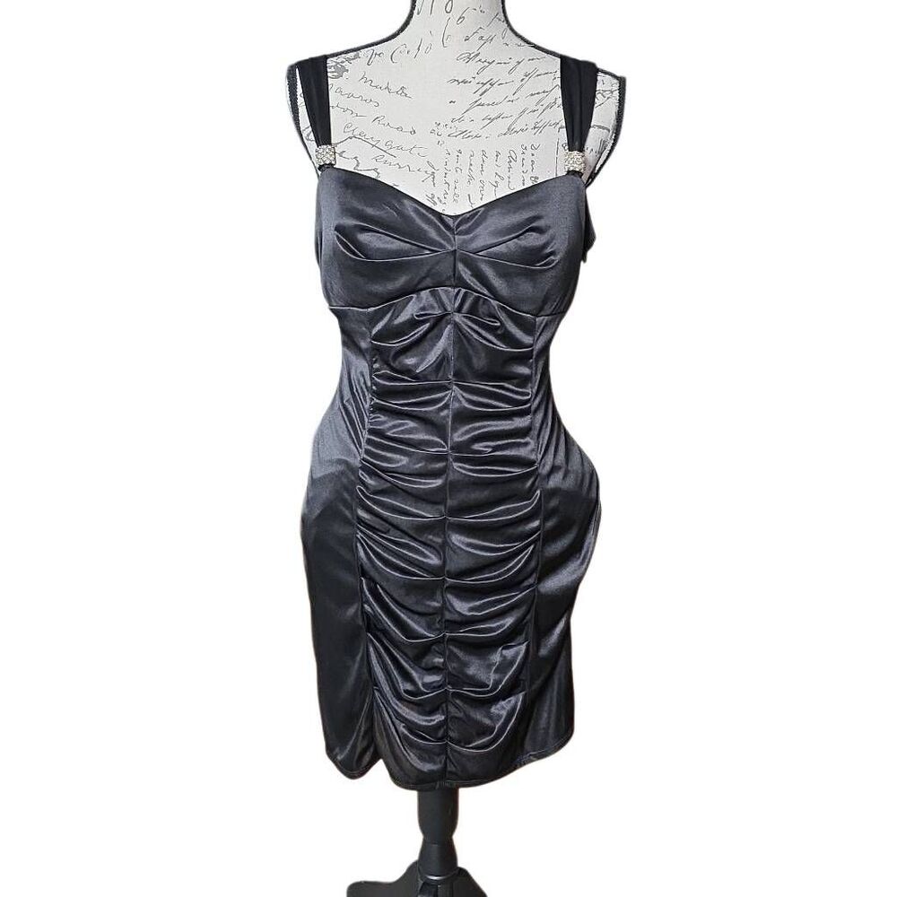 Love Tease Women's Size 13 Black Satin Ruched Rhinestone Mini Dress